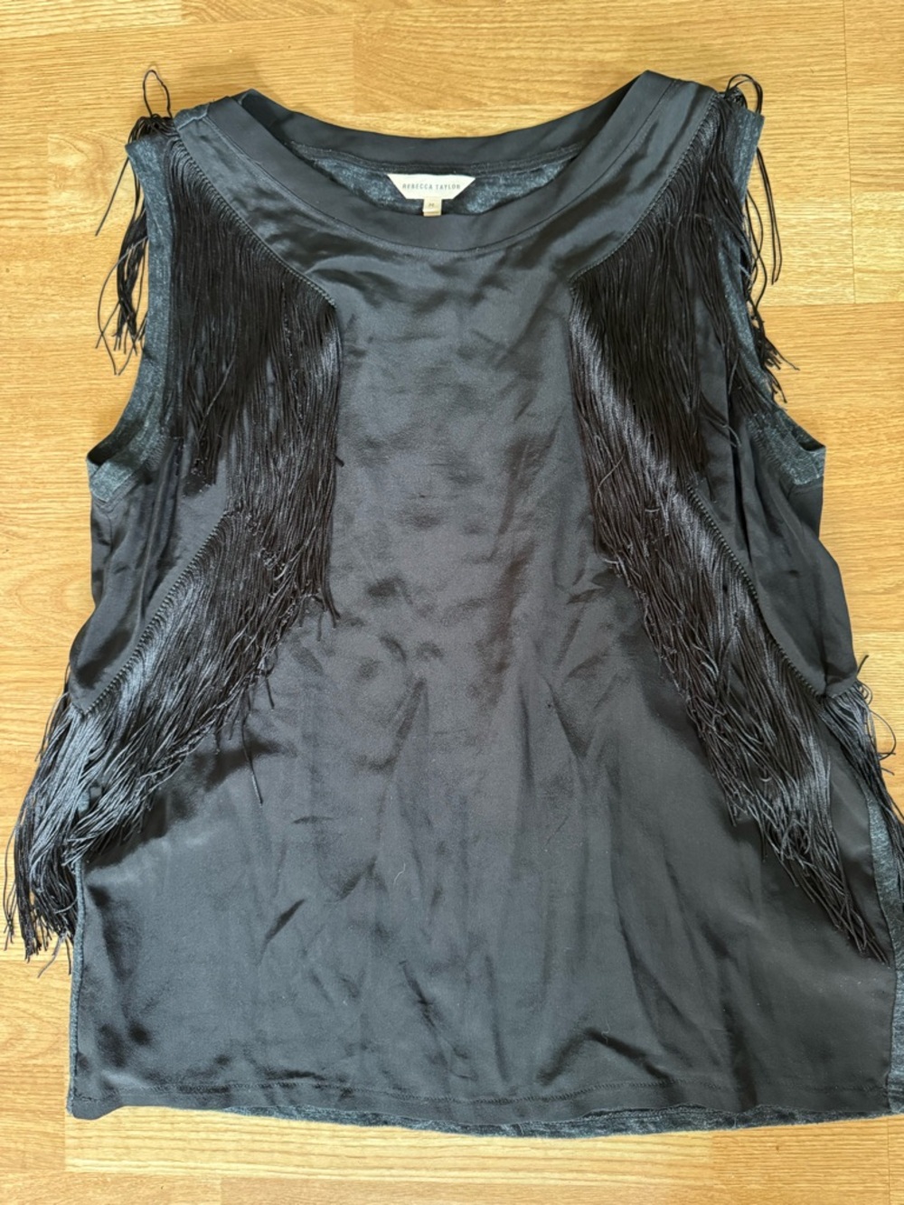 Rebecca Taylor Black Satin Fringe Tank Top